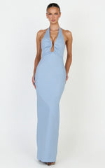 Baya Maxi Dress - Gathered Plunge Neckline Halter Dress in Pale Blue