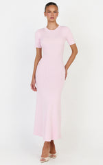 Lanie Midi Dress - Knitted Crew Neck Short Sleeve Dress in Pink