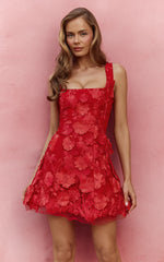 Sienna Mini Dress - 3D Floral Fit And Flare Dress in Red