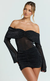 Rumi Mini Dress - Glitter Tulle Off Shoulder Ruched Dress in Black