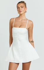 Monet Mini Dress - Button Down Ruched Front Fit And Flare Dress in Off White