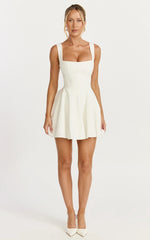 Harmony Mini Dress - Wide Strap Square Neck Fit And Flare Dress in Off White