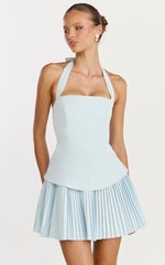 Calla Mini Dress - Halter Neck Peplum Pleated Skirt Dress in Light Blue