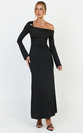 Daisy Maxi Dress - Long Sleeve Gold Hardware Detail Maxi Dress in Black