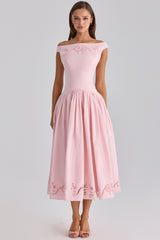 Pink Cotton Broderie Anglaise Boat Neck Maxi Dress