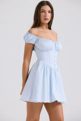 Soft Blue Cotton Gathered Mini Dress