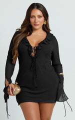 Alesya Mini Dress - Ruffle Plunge Neck Long Sleeve Tie Detail Dress in Black