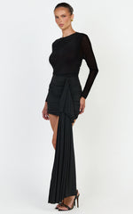 Jasmine Mini Dress - Long Sleeve Draped Skirt Overlay Dress in Black