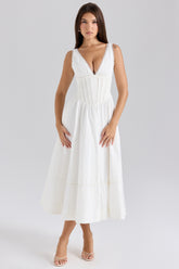 White Stretch Cotton Midi Sundress