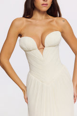 White Chiffon Micro Pleat Strapless Maxi Gown