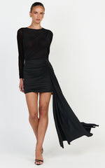 Jasmine Mini Dress - Long Sleeve Draped Skirt Overlay Dress in Black