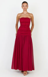 Kyra Maxi Dress - Strapless Lace Bodice Contrast Skirt Dress in Wine