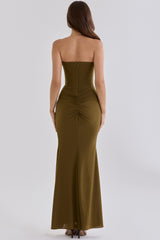 Olive Crepe Strapless Maxi Dress With Detachable Cape
