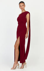 Cosette Midi Dress - Asymmetric Neckline Draped Shoulder Sash Dress in Wine
