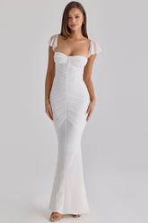 White Gathered Mesh Maxi Dress