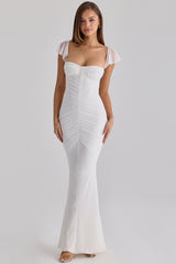 White Gathered Mesh Maxi Dress