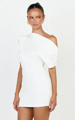 Nalfie Mini Dress - Tipped Shoulder Jersey Drape Dress in White