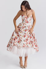 Italian Rose Print Tulle Midi Dress