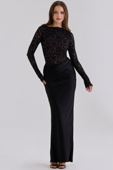 Black Corded Lace + Satin Draped Maxi Dress
