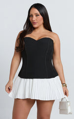Deb Mini Dress - Strapless Sweetheart Contrast Bodice Pleated Dress in White/Black
