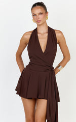 Cove Mini Dress - Halter Neck Backless Sash Detail Dress in Chocolate