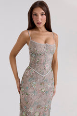 Silver Embellished Beaded Corset Maxi Dress