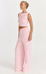 Helen Two Piece Set - Crepe Twisted Top And Wide Leg Pants in Pink