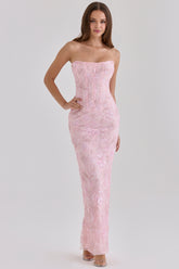 Pink Hand Beaded Embellished Strapless Maxi Dress