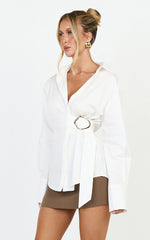 Heloise Top - Wrap Front Buckle and Tie Detail LS Shirt in White