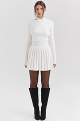 White Cashmere Blend Pleated Skated Mini Dress