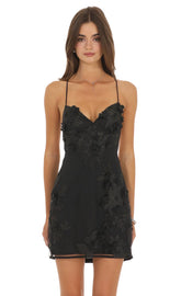 Floral Appliqué Strappy Mini Dress in Black