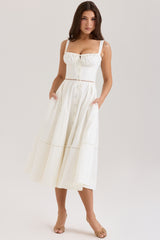 White Cotton Button Front Midi Dress
