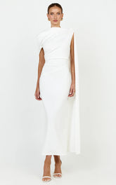 Visenta Midi Dress - Asymmetrical Sleeve Dress in White