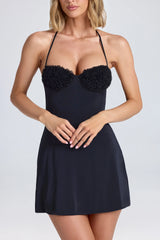 Halterneck Ruffle-Appliqué A-Line Mini Dress in Black