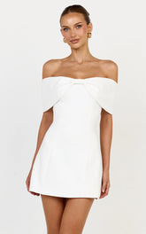 Thalia Mini Dress - Off Shoulder Bow Detail Dress in White