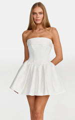 Lana Mini Dress - Ruched Bust Fit And Flare Strapless Corset Bodice Dress With Lace Up Back in White