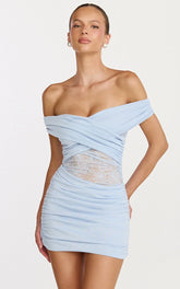 Juliet Mini Dress - Off Shoulder Lace Contrast Dress in Blue