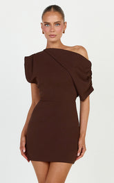 Nalfie Mini Dress - Tipped Shoulder Jersey Drape Dress in Chocolate