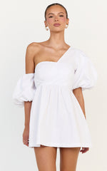 Sula Mini Dress - Asymmetric Off One Shoulder Puff Sleeve Dress in White