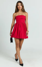 Shaima Mini Dress - Strapless Bubble Hem Dress in Red
