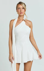 Dottie Mini Dress - Scarf Halter Neck Hardware Detail Panelled Fit And Flare Dress in White