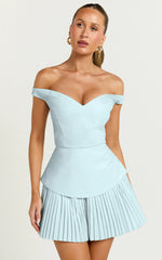 Izara Mini Dress - Off Shoulder Pleated Dress in Blue