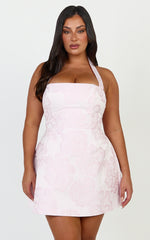 Gabbie Mini Dress - Jacquard Halter Fit And Flare Dress in Pink