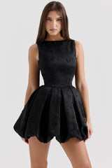 Black Backless Embroidered Mini Puffball Dress