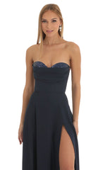 Sequin Bust Crepe Maxi Dress in Dark Blue