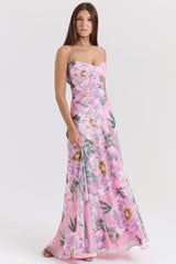 Pink Floral Print Lace Back Maxi Dress