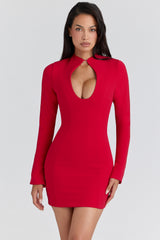 Red Crepe Keyhole Silhouette Mini Dress