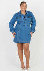 Ainsley Mini Dress - Button Through Long Sleeve Denim Dress in Mid Blue Wash