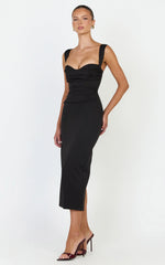 Kenna Midi Dress - Gathered Bust Tucked Waist Dress in Black