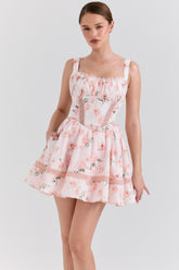 Peach Floral Rose Print Cotton Mini Dress
